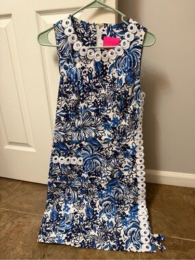Lilly Pulitzer Blue & White Floral Shift Dress with Crochet Trim